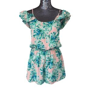 Buddy Love Pink & Blue/Green Tropical Leaf Romper Ruffle Drape Sleeves Lined LRG